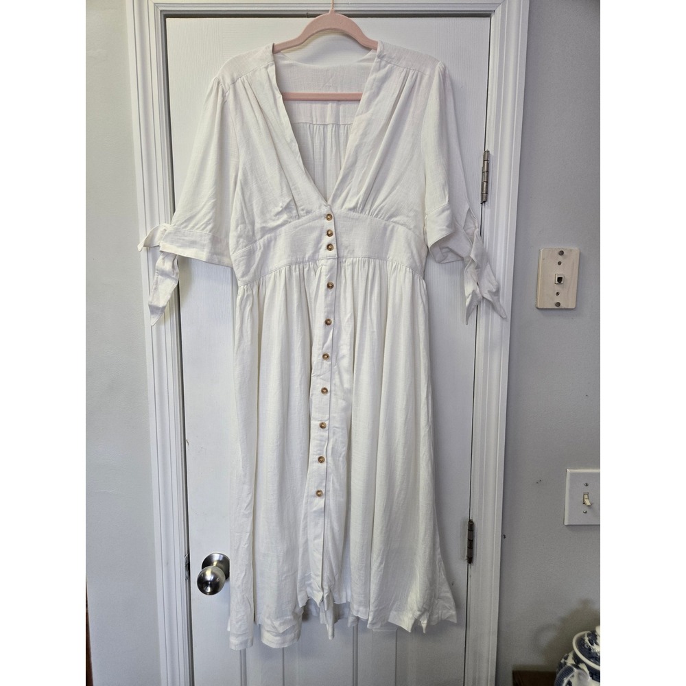 White Button Down Midi Dress Tie Sleeve‎ Boho Cottagecore White Linen Blend